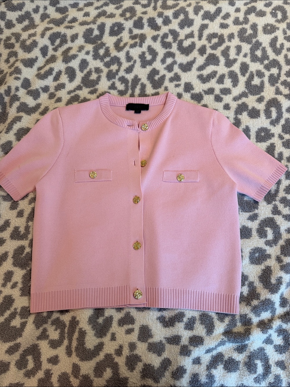 Zara Pink Short-Sleeve Cardigan with Gold Buttons
